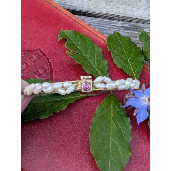 Vintage Gold Vermeil Pearl and Ruby Bangle Bracelet, Sterling Dowry Bracelet - Picture 8 of 10